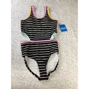 DSG Girls Large One Piece Swimsuit Sanibel Stripe Cut Out Black White Pink L
